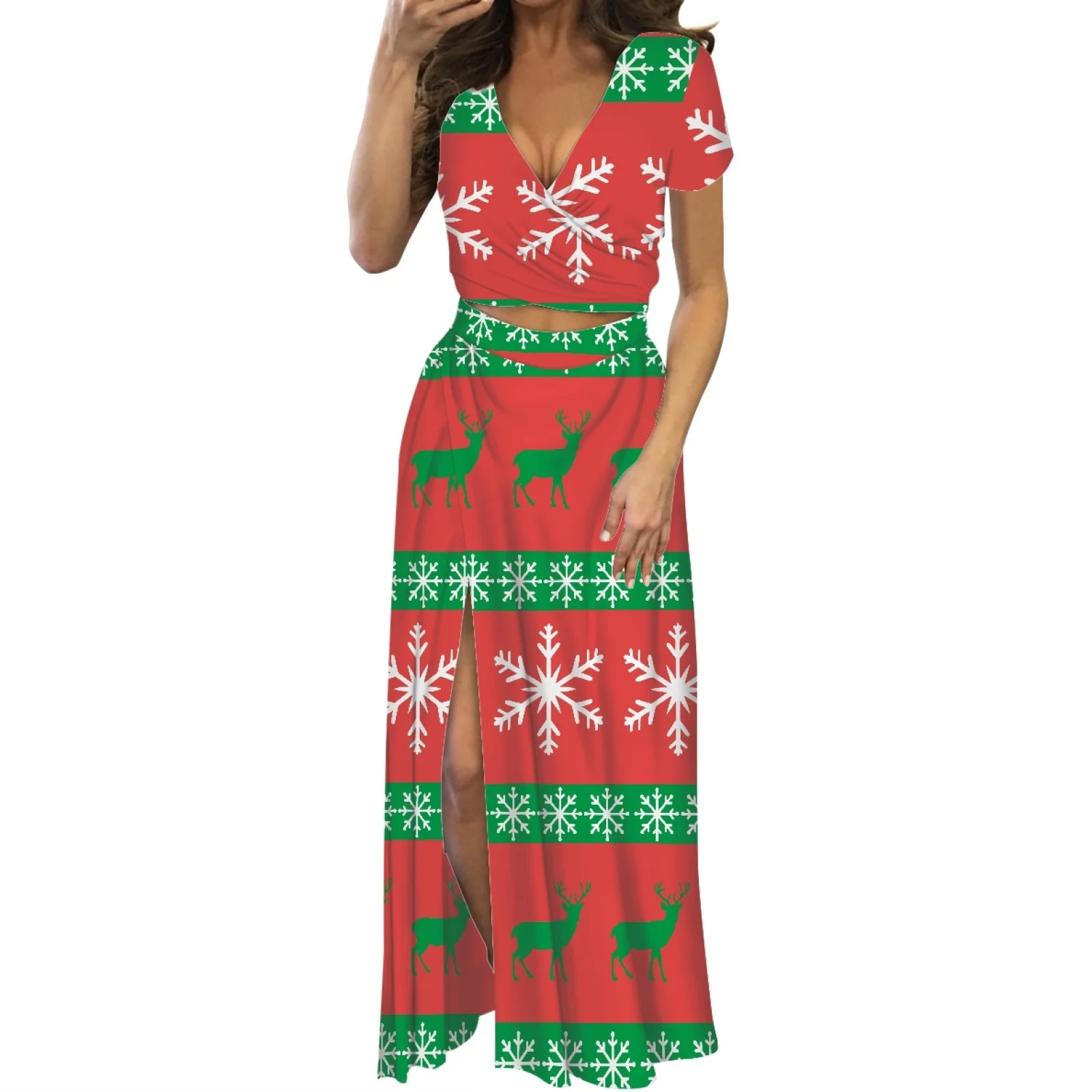 

New Design Christmas Dresses For Women 2023 Two-Piece Split Dress Short Sleeve Women's Clothing Summer Women's Low-Cut Maxi Dres