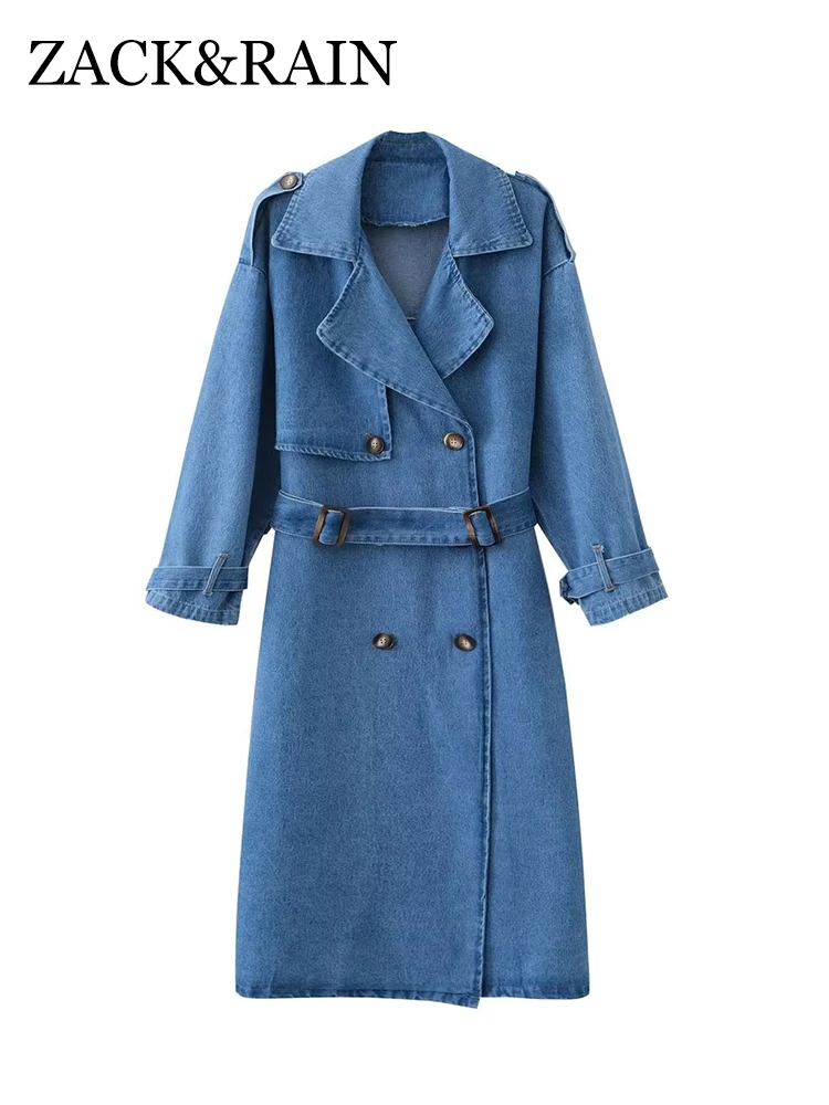 

ZACK RAIN Women Women Blue Long Denim Coat 2023 Ladies Fashion Coat Jacket With Belt Vintage Loose Female Chic Outwear