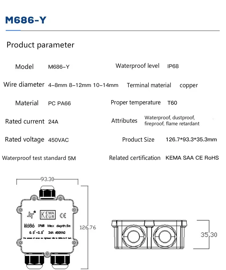 Description Picture 4 of itemIP68 3 Way Waterproof Junction Box 4/5/6pin 4-14mm Electrical Cable Wire Connectors 24A 450V External Electrical Junction Box