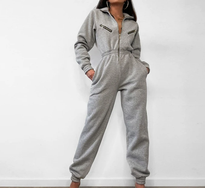 Woman Casual Zipper Design Elastic Waist Cuffed Jumpsuit High Stretch Women's Stand Collar Simple Long Sleeve Cargo Jumpsuits