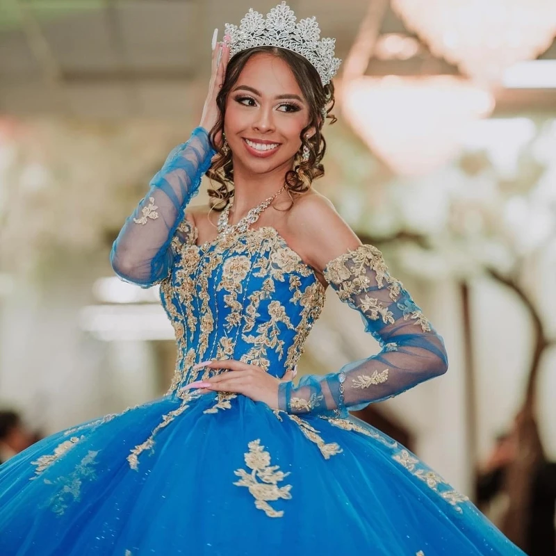

Blue Shiny Princess Sweet 16 Quinceanera Dresses Off Shoulder Applique Lace Beaded Corset vestido para debutante de 15 anos