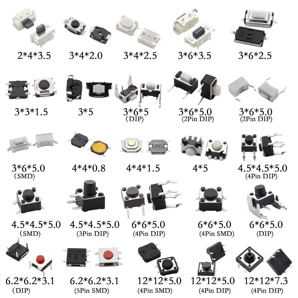 250 pièces 25 Types/lot assortiment Micro interrupteur bouton poussoir interrupteurs tactiles SMD DIP réinitialiser Mini interrupteur à feuilles 2*4 3*6 4*4 6*6 Kit de bricolage