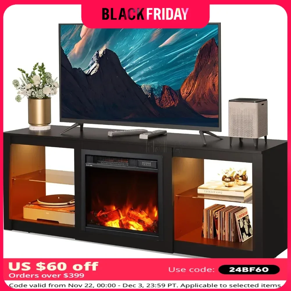 Fireplace TV Stand with LED Lights & Glass Shelves, Modern Entertainment Console 58 Inch TV Console