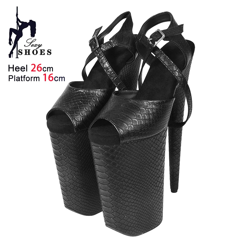 26CM/10Inch Extreme high heels Women Platform Peep Toe Sandals 2025 New Summer Cross Buckle Strap Snake Pattern Pole Dance Shoes