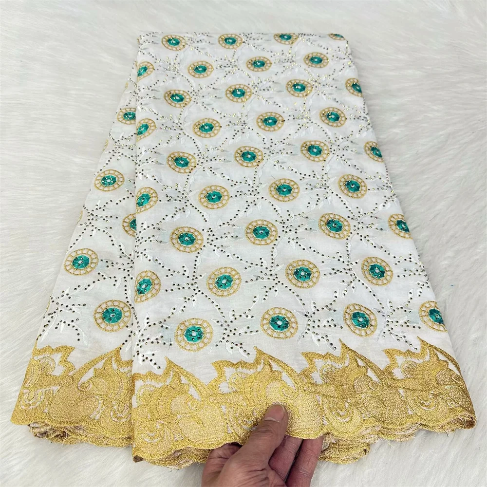 

5 ярдов, Африканская Хлопковая кружевная ткань с камнями, 2024, Высококачественная нигерийская швейцарская вуаль, кружевная ткань для свадебного платья, материал для шитья yc