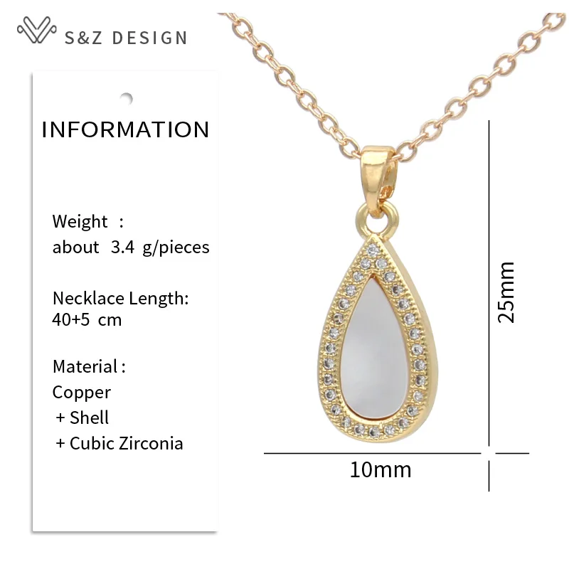 S&Z DESIGN New Fashion Elegant Water Drop Shell Pendant Necklace For Women Classic Micro Wax Inlay Cubic Zirconia Jewelry