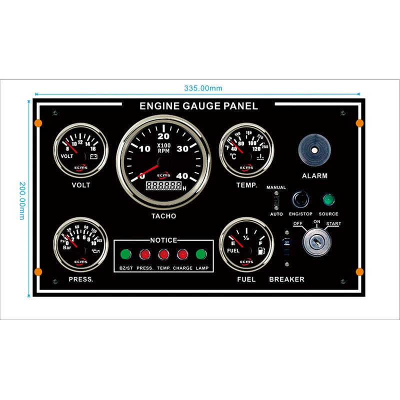 

335*200mm 8-16V 4KRPM 10Bar Black Marine Boat Instrument Panel Engine Gauge Panel