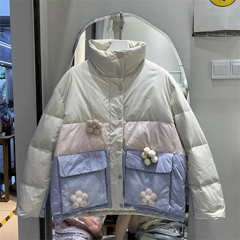 Chaqueta acolchada con degradado para mujer, Parkas cortas con cuello levantado y bolsillo, decoración flores, ropa de exterior, Otoño e Invierno| | - AliExpress