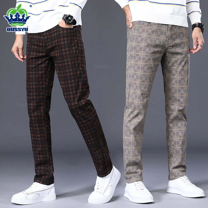 HighQualityMensPlaidCasualPants98CottonStretchStraight