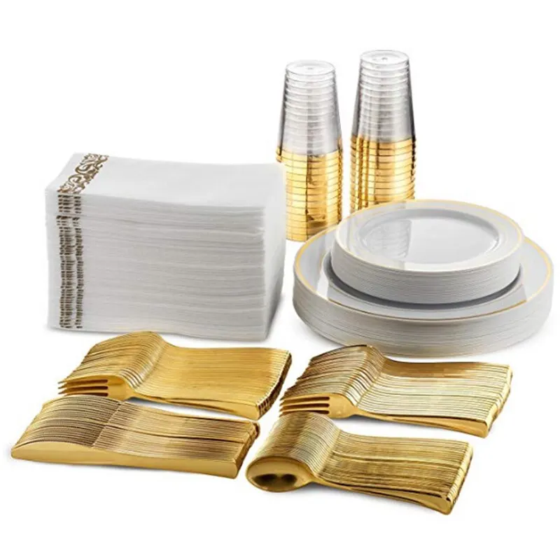 Gold Party Disposable Tableware Set Plastic Plate Cup Paper Kid Adult Birthday Wedding Bachelorette Party Decoration Baby Shower