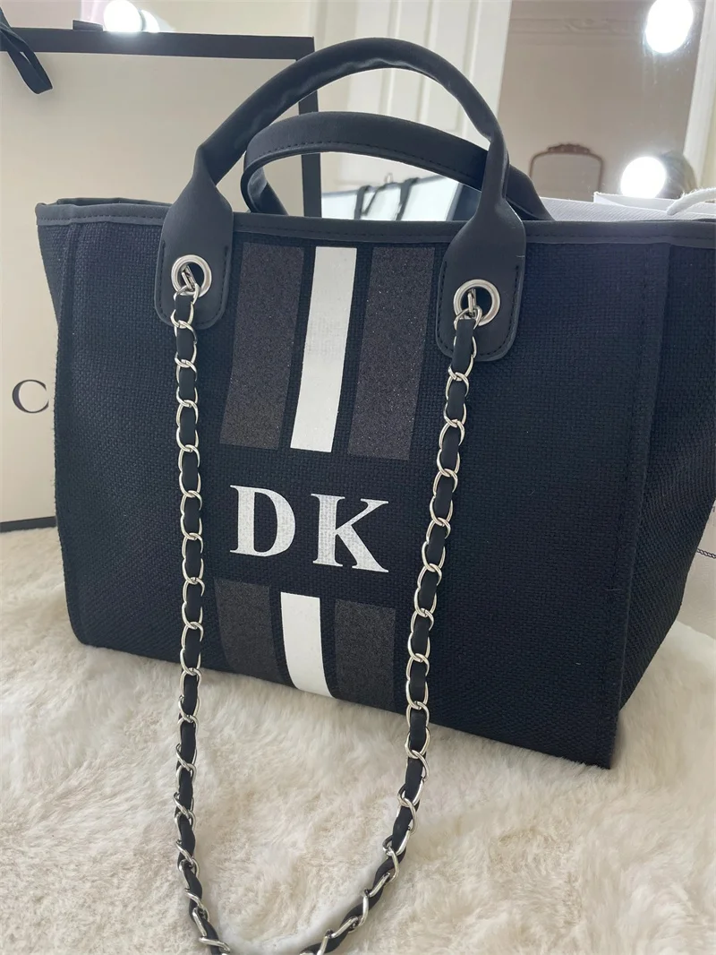 Monogram Tote Bag Canvas Customised Black Glitter Chain Handbag Personalised White Initials Beach Holiday Stripe Initials