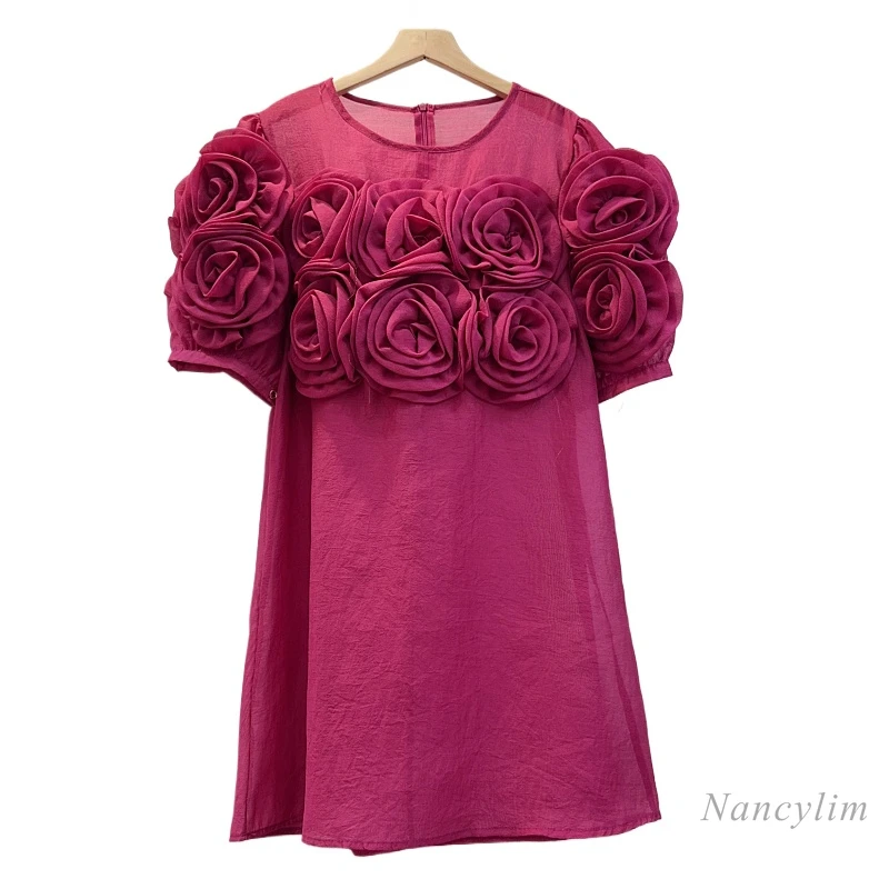 

2024 Summer Dress Women's Elegant Chic Niche French Three-Dimensional Flower Sweet High Sense Slimming Dress Short Sleeve