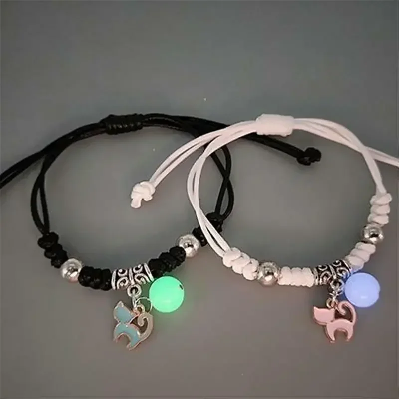 2PC Luminous Beads Star Couple Bracelet Women Men Charm Cat Flower Heart Key Lock Cross Matching Friend Bracelets Jewelry
