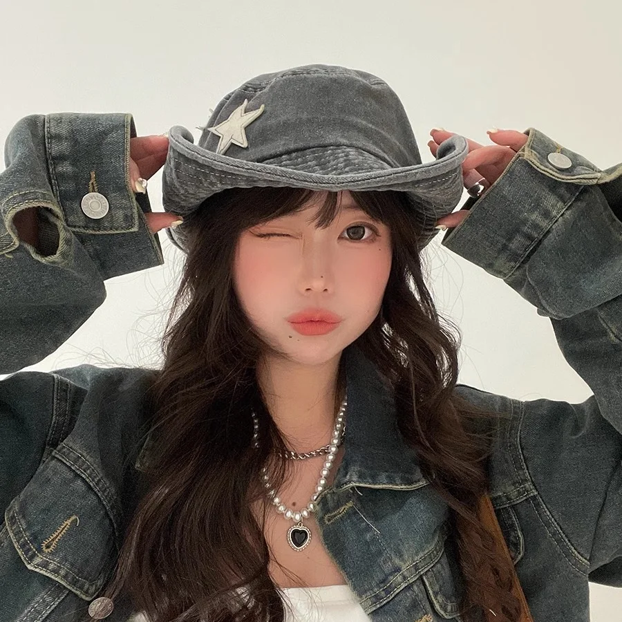 Y2K Punk Bucket Hats Women Pink Stars Retro Big Brim Sun Protection Mountaineering Cap Spring and Summer Outdoor Men's Hat