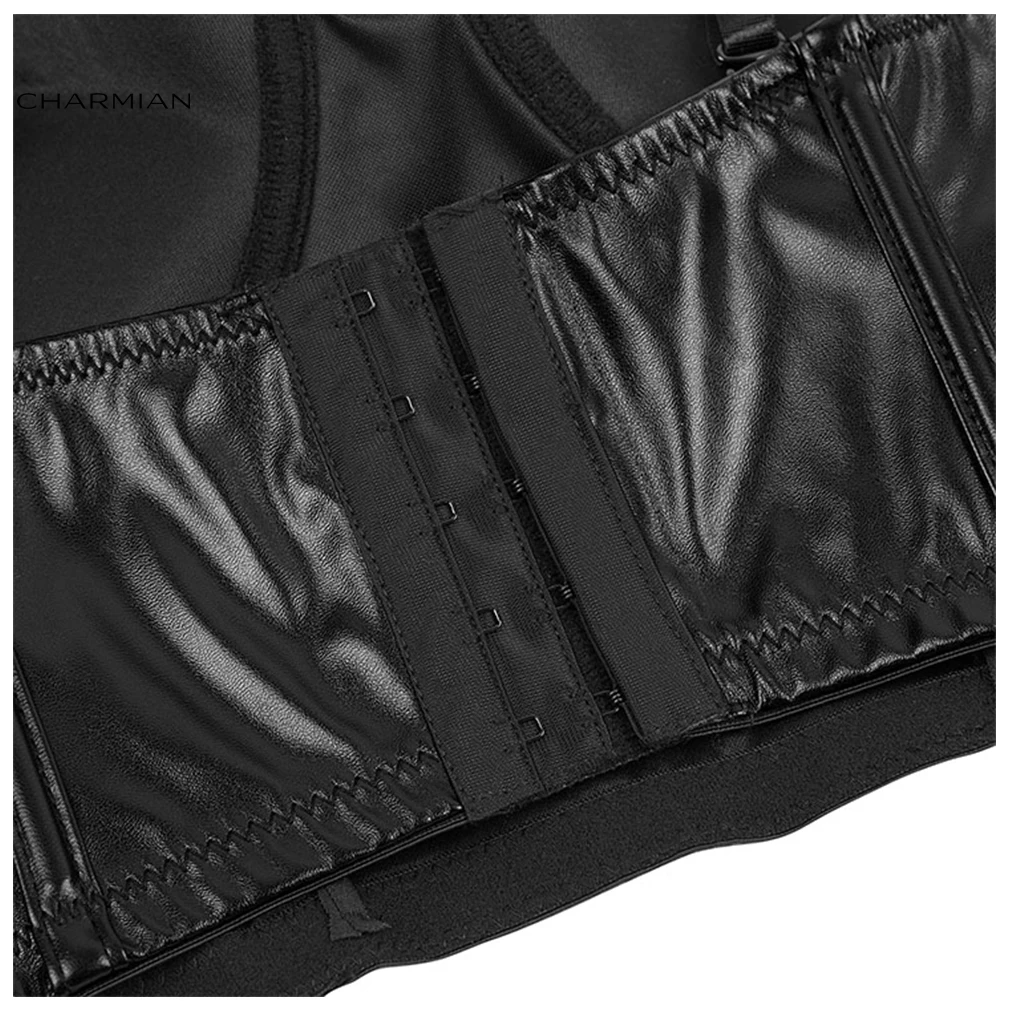 Charmian Leather Bustier Top Femme Sexy Punk Spaghetti Straps B Cup Plastic Boned Clubwear Crop Top Black Corsets Goth Clothing