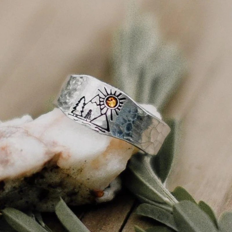 Vintage Nature Landscape Carved Ring for Women Men Adjustable Couple