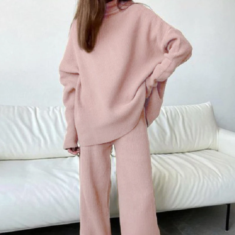 

Pink Women's Knitted Suit Soft Turtleneck Long Sleeve Sweater Wide Leg Pants Commuter 2 Pieces Sets Autumn Winter Homewear