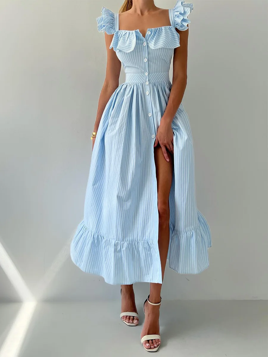 Bornladies Women's 2025 Summer New Striped Dress Button Front Slim Fitted Waist Midi Dress Flutter Sleeves Side Slit