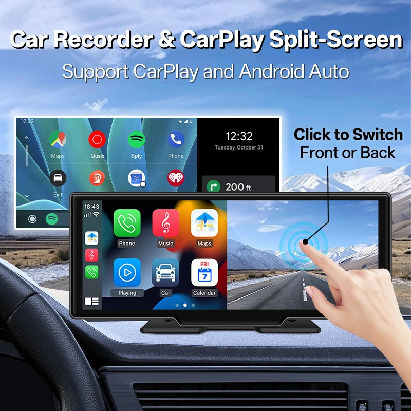 10.26” 4K DVR Portable Car Radio Wireless CarPlay Android Auto Dash Cam IPS Touc