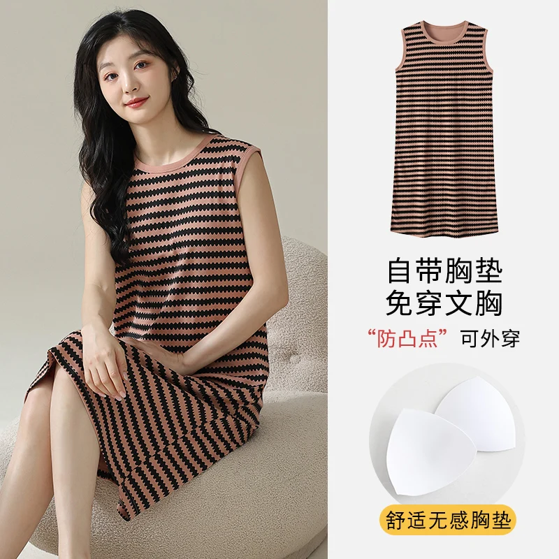 

Striped Cotton Nightdress with Bar Pad for Women Summer O Neck Sleepwear Sleeveless Nightgowns Big Size M-3XL Pjs Young Girl