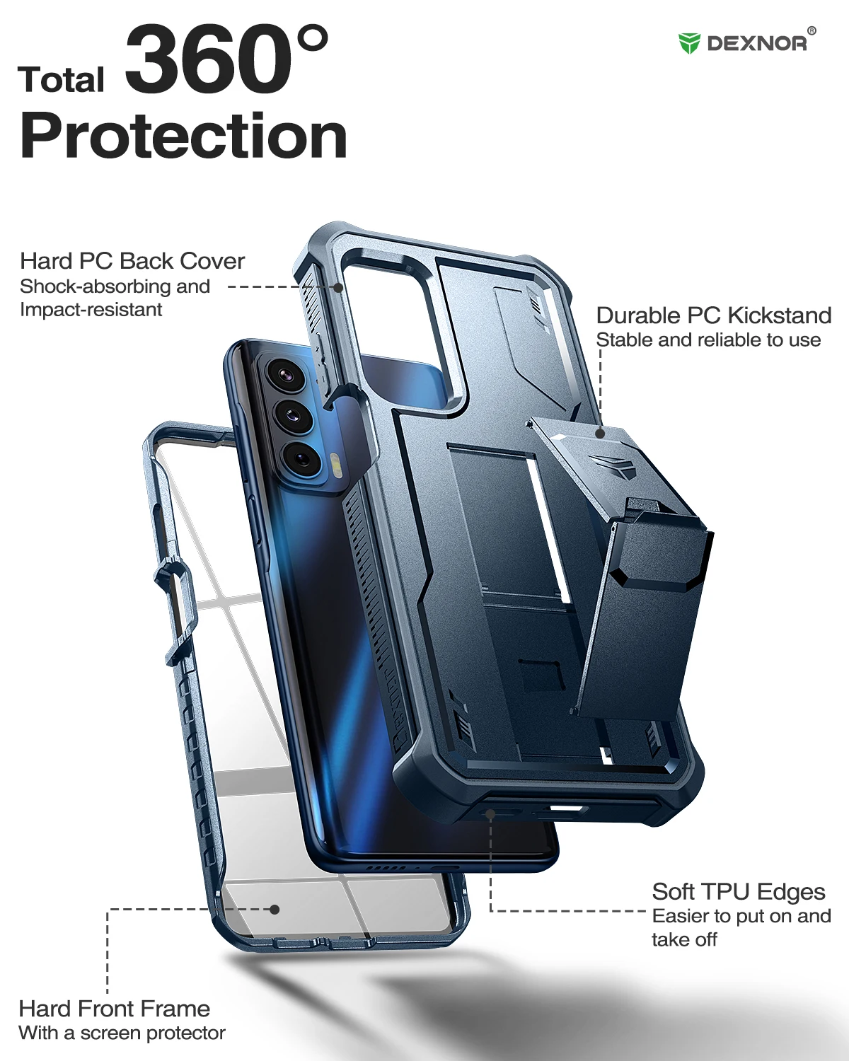 Rugged Shockproof Protective Case with Kickstand & Built-in Screen Protector