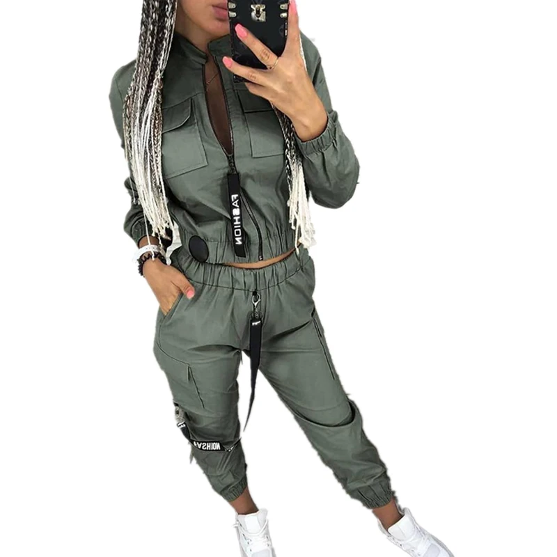 2023 Women Clothing Zipper Sports Suit Hot Sale Street Casual Slim Spring Summer Army Green Jacket Trousers Fashion 2 Piece Set spring autumn personality street style gradient casual straight pants women high waist all match tie dye wide leg trousers femme