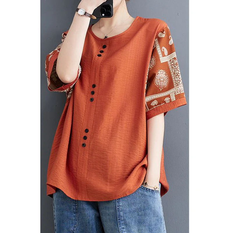 Women's Clothing Retro Print Simple Casual Oversized Cotton Linen Blouses Summer Trendy O Neck Short Sleeve Street Shirts Blusa