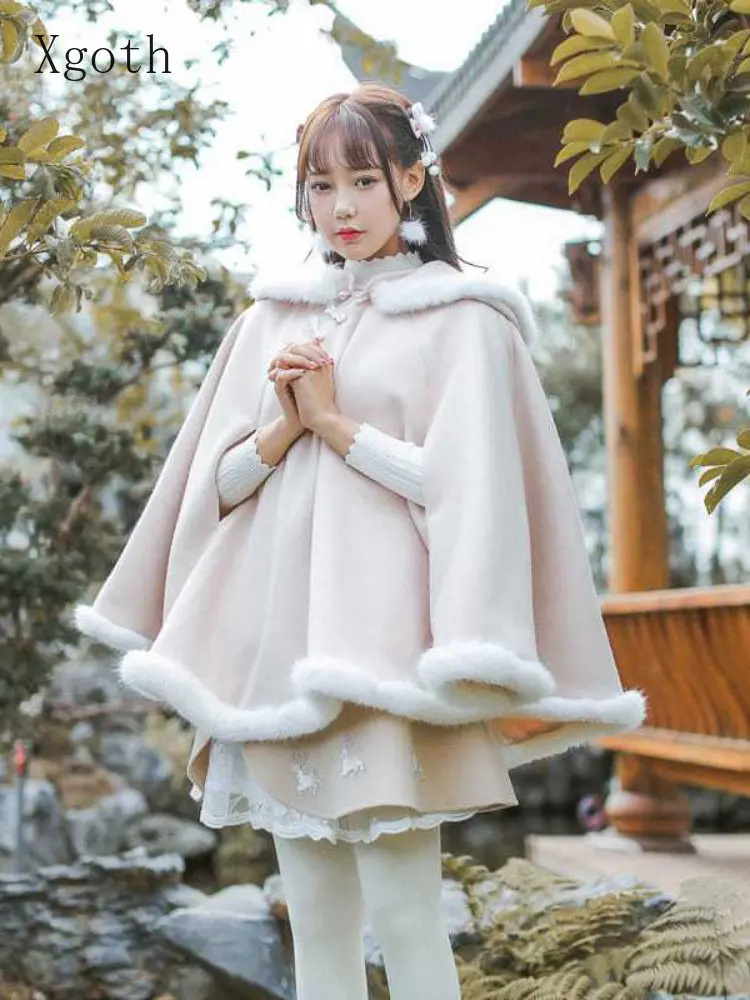 Autumn winter japanese sweet lolita woolen cloak cute rabbit ears bowknot  pockets plus velvet thicken gothic lolita coat cosplay