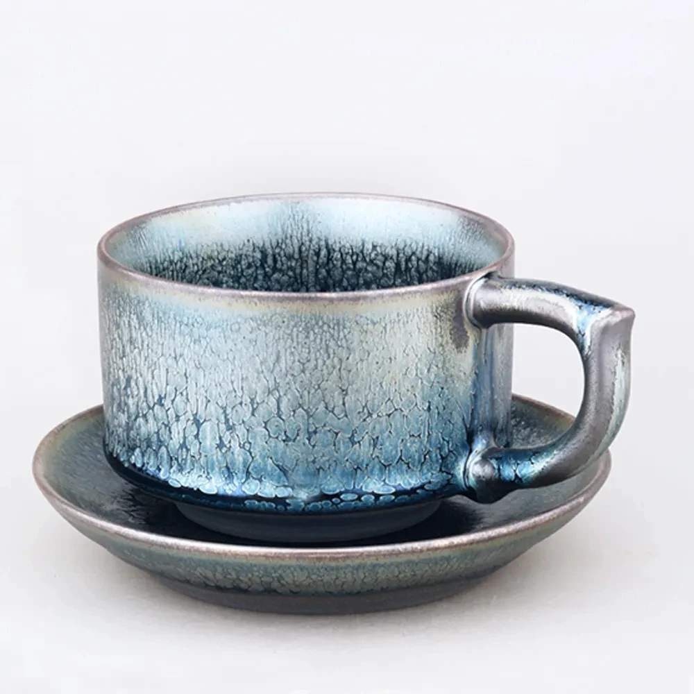 

Chinese Ancient style Vintage Ceramic Coffee Mug with Saucer Natural Tenmoku Glaze Tea Milk Beer Mug Water Cup/Jianzhan