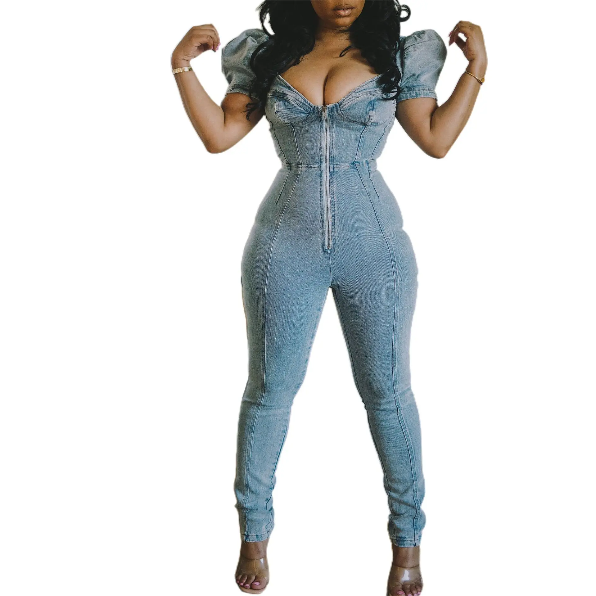 Fashionable new denim slim fit and slimming bubble sleeve jumpsuit jeans
