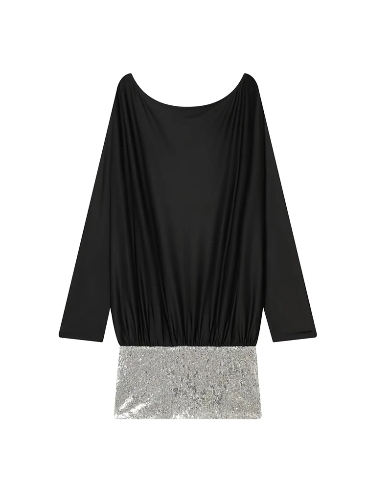 Sexy Sequin Mini Dress For Fashion O-neck Long Sleeve Slim Spliced Streetwear Spring New Ladies Leisure Holiday Clothes