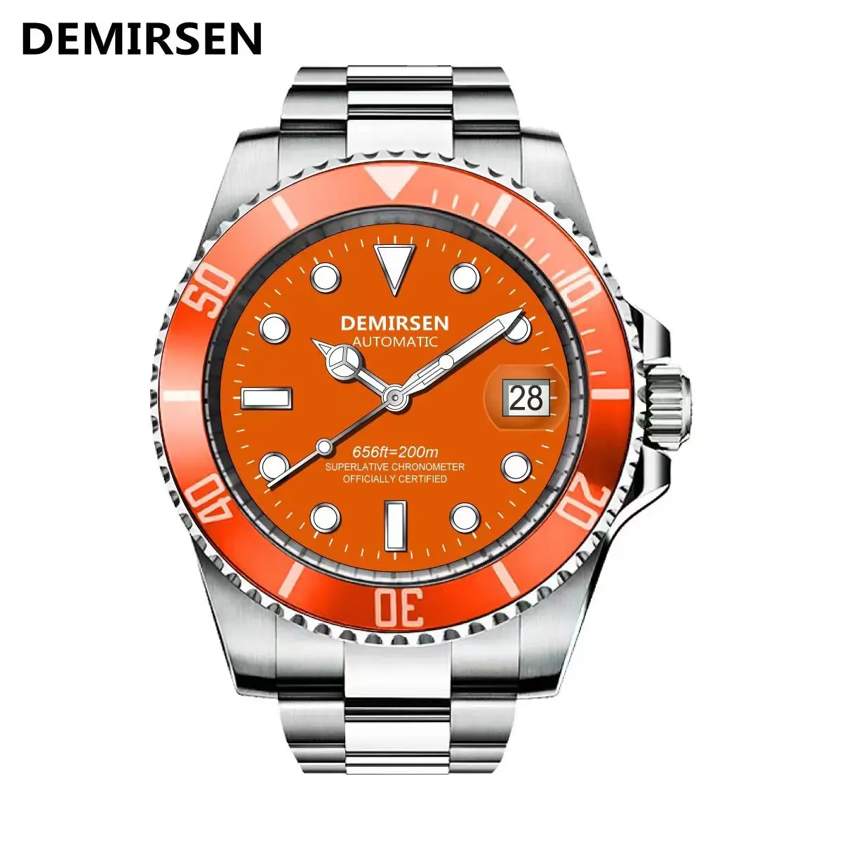 Demirsen Luminous Sapphire Glass Relógio de Pulso Masculino Relógio Automático de Negócios Aço Inoxidável Impermeável Marca de Luxo Laranja