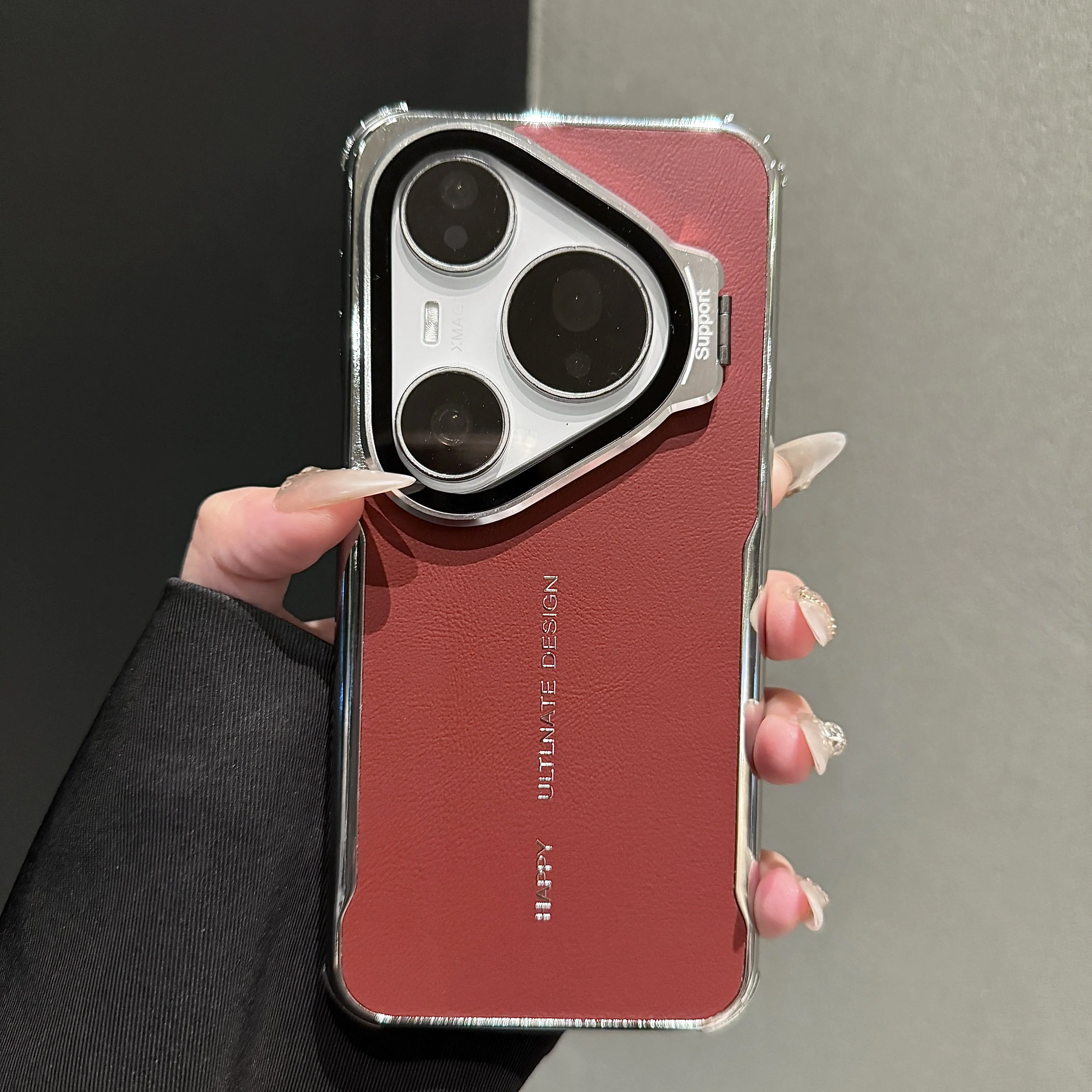 PU Leather Electroplated Frame Case with Camera Protection and Bracket Stand