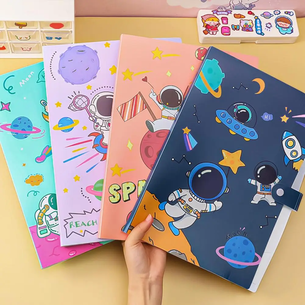 File Folder Cartoon Astronaut Waterproof Snap 6-Grid Student A4 Paper Sorting Storage Folder Stationery Supply