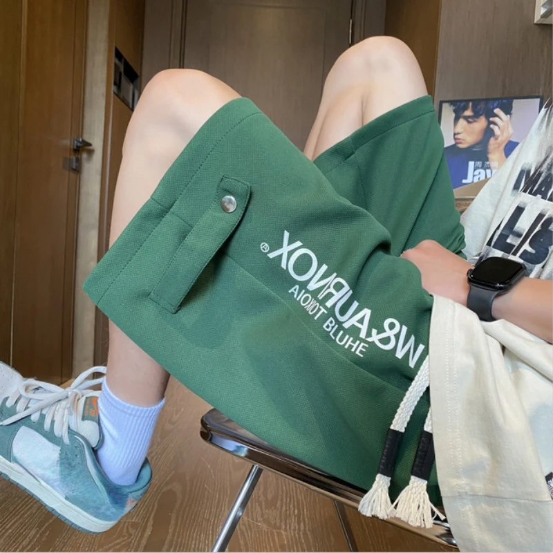 Summer Letters Printed Row Button Shorts Retro Sports Pants Thin Section Loose Casual Large Size Five-minute Pants Unisex