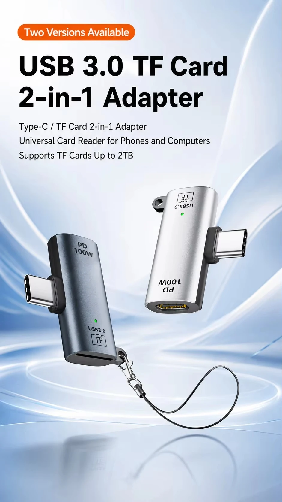 High-Speed TF Card to Type-C Reader with 100W Power Delivery and 2TB Support