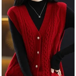 Women's Spring Autumn New Fashion Elegant Solid V-neck Button Pocket Casual Versatile Loose Sweater Knitted Cardigan Tank Tops