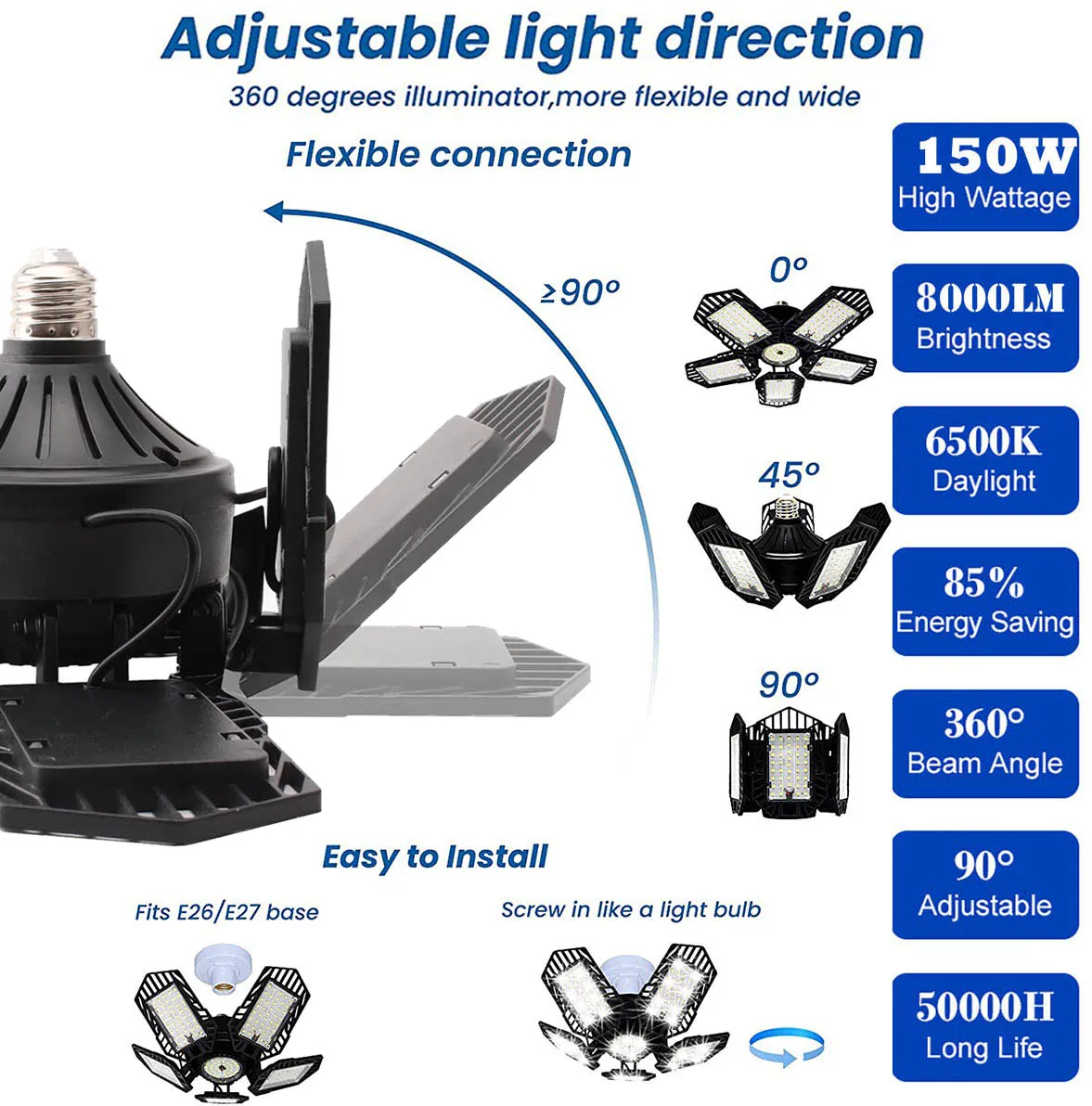 Lampe de garage à LED avec panneaux réglables, ampoule pliable, éclairage industriel, atelier, entrepôt, magasin, 150W