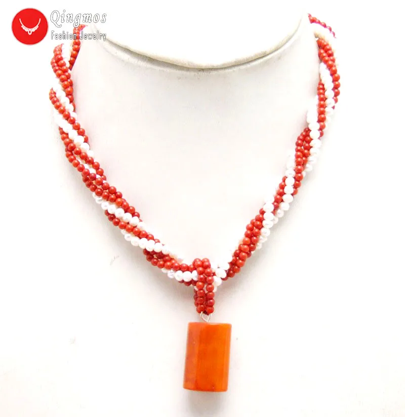 

Qingmos 15-20mm Natural Red Coral Pendant Necklace for Women with 4mm White Pearl Necklace and 3mm Red Coral Necklace 17''