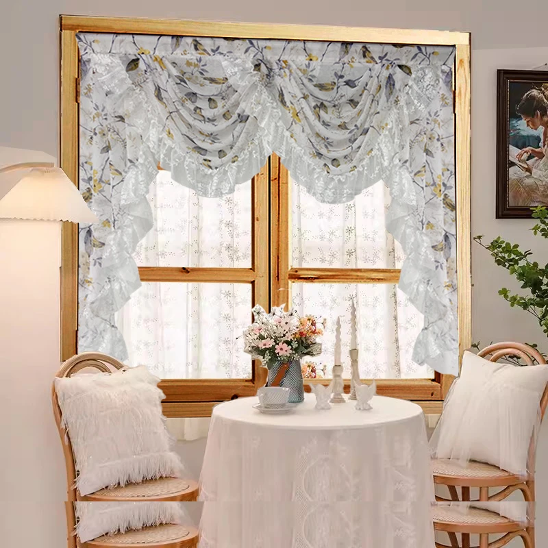 

American Pastoral Bird Flower Pattern Ruffled Lace Sheer Curtain Head Home Backdrop Waterfall Valance Drapes For Window Decor