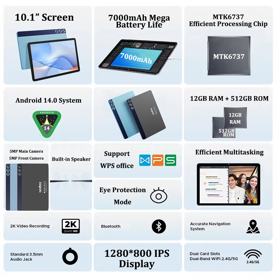 Android Tablet Npad15 Tablet 10.1'' FHD 12GB RAM + 512GB ROM MTK6735 Core 1280*800 Display Android 14 5G WIFI 7000mAh Dual Camera Type-C Tablets