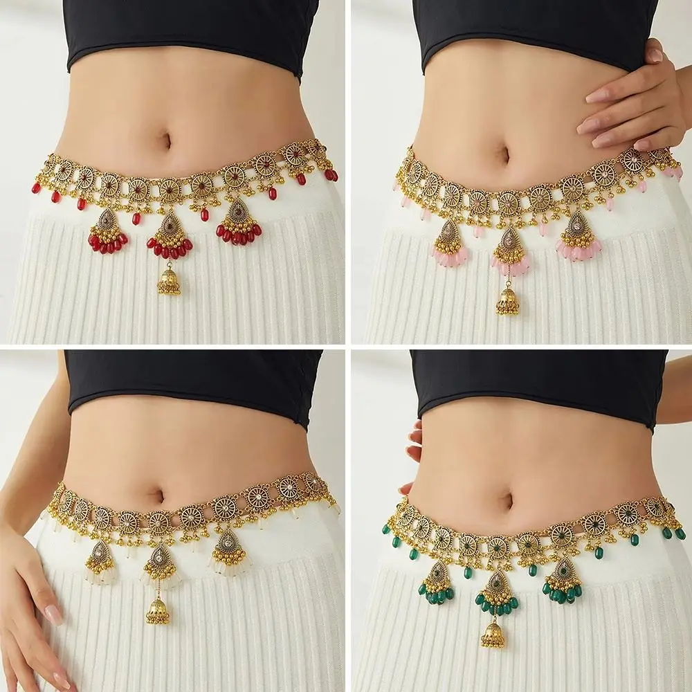 Vintage Bohemian Belly Chain Bell Pendant Handmade Waist Chain Resin Beads Chain Women