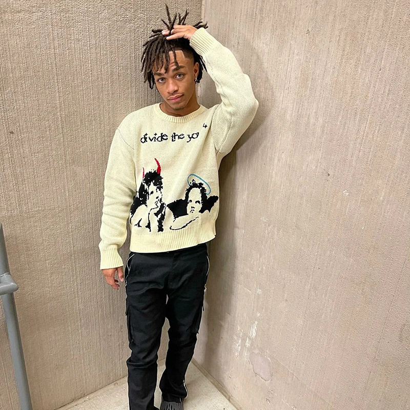 

Fall Hip Hop Street Wear Knitted Black and White Sweater Pullover Harajuku Sweater Cotton Goth Angel Millennium Women's pullover