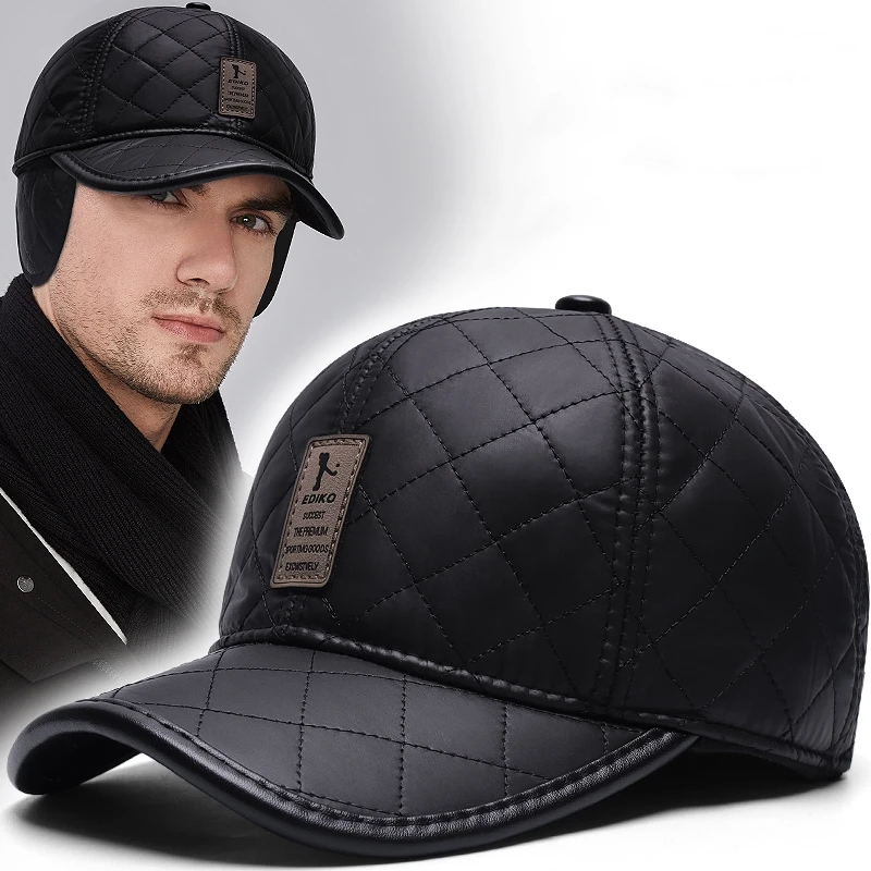 Winter Genuine Leather Men's Baseball Caps Thick Warm Earmuffs Hat Fashion Waterproof Hats Adjustable Bomber Hats High Quality