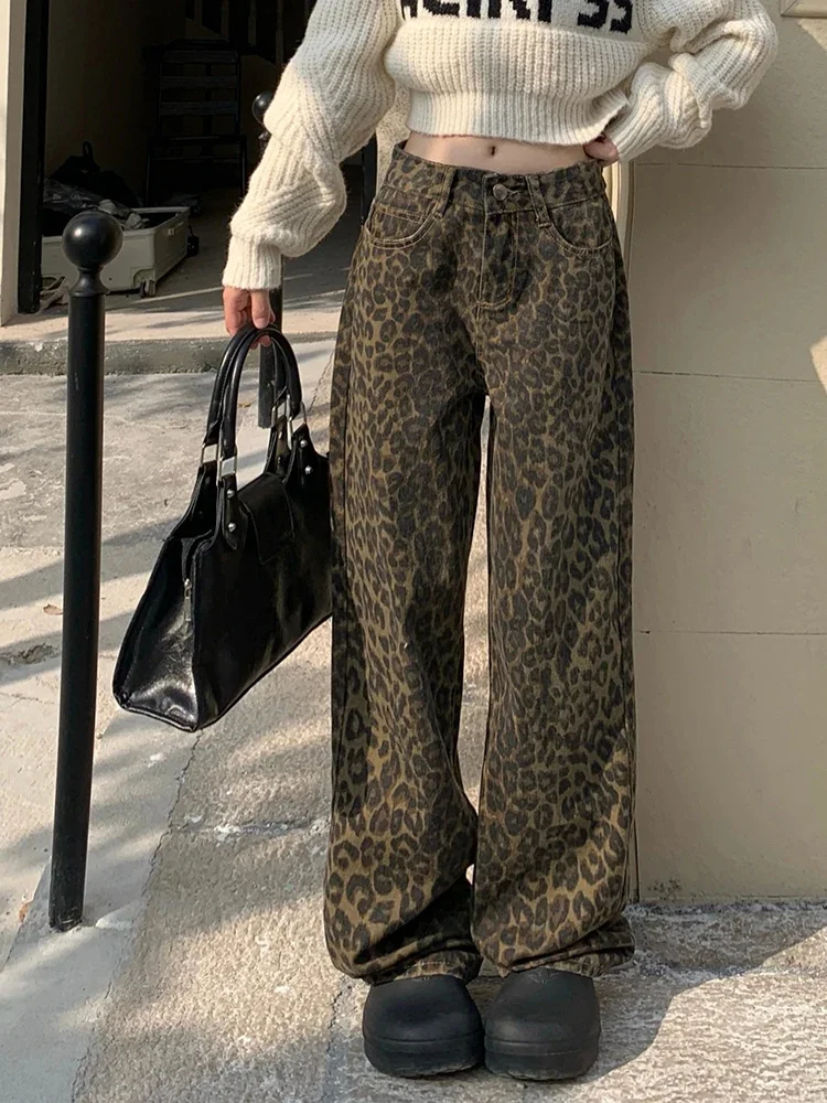 Y2K Retro Leopard Pattern High Waist Slim Straight Barrel Women Jeans Classic Casual Fashion Autumn Korean Street Women's Jeans