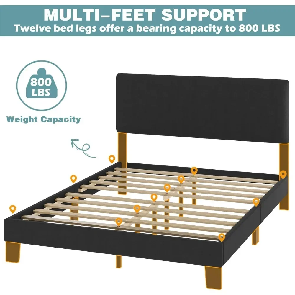 Bed Frame, with Headboard, Linen Upholstered Bed Frame with Wood Slats Support, Heavy Duty Feet, Easy Assembly, Queen Bed Frame 4