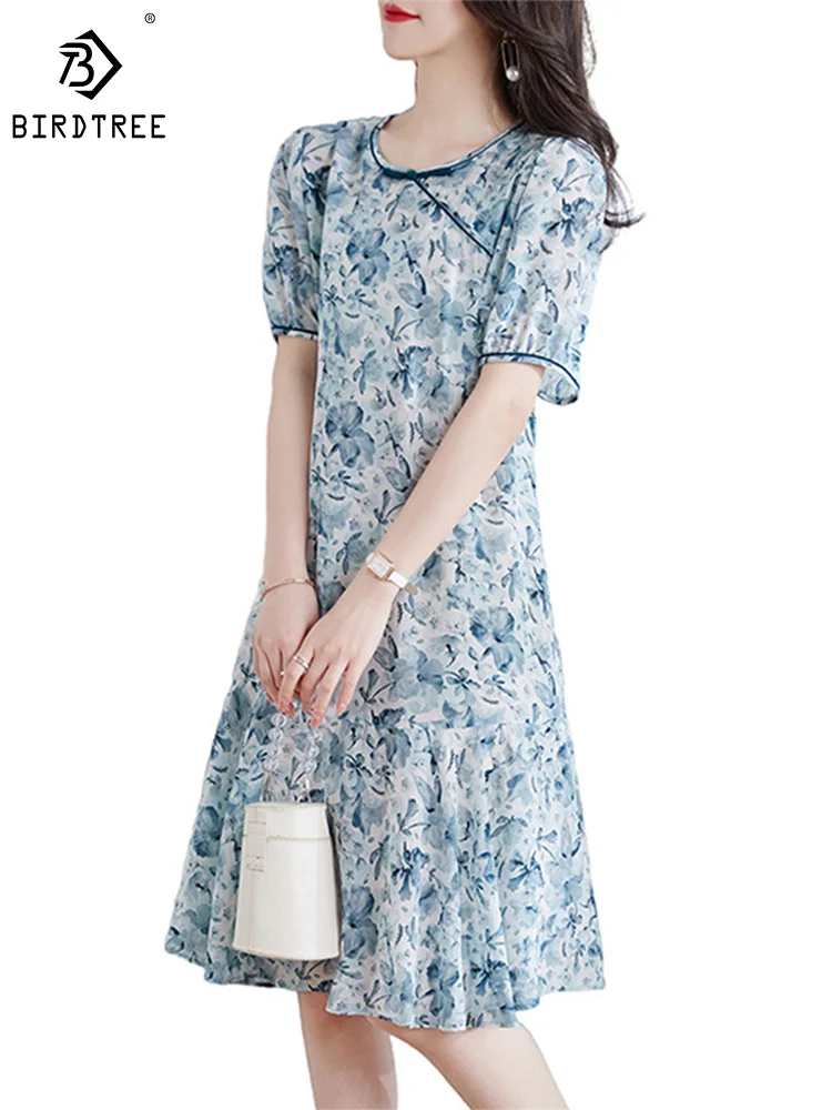 

Birdtree 100%Mulberry Silk Chinese Style Dresses Crepe Floral Print Short Sleeve Cheongsam Dress Women's Summer Fall D3N120QM