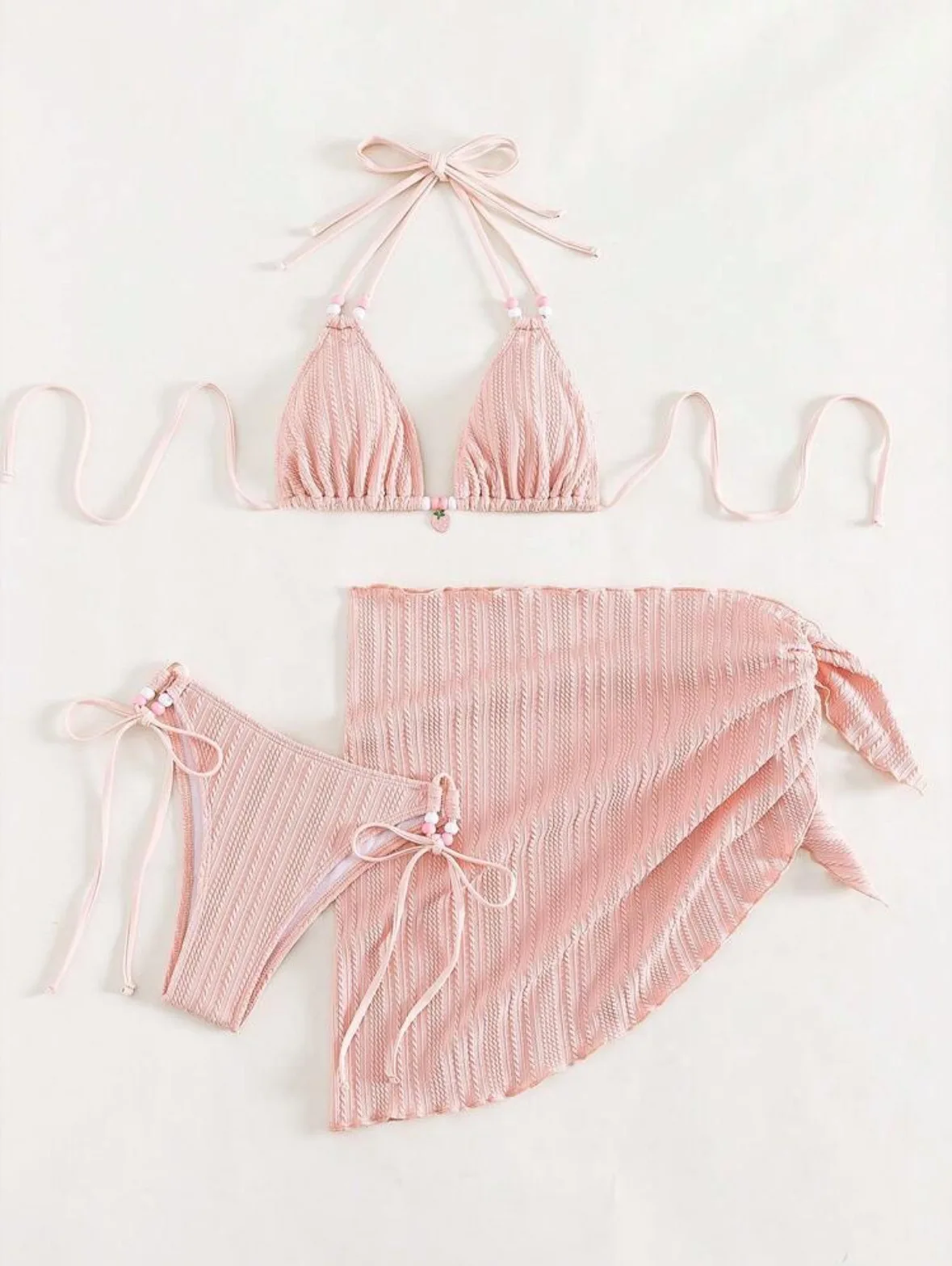 Women pink micro mini string bikini sets 4 pieces with mesh cover tops and skirt swimsuit bathing suit beach outfits biquini