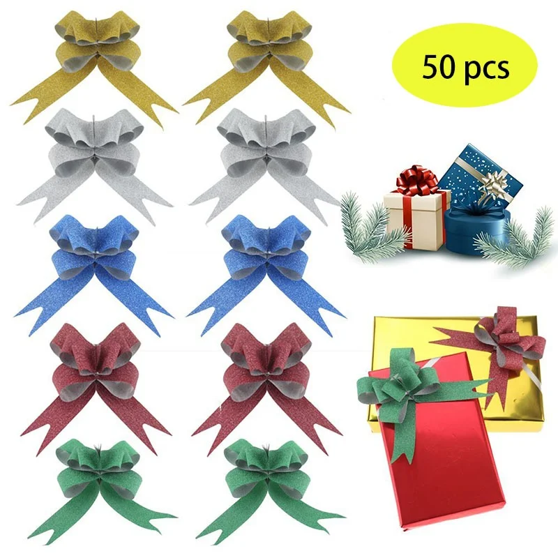 

50 Pcs Gift Ribbons Flower Wrappers For Wedding Birthday Party Decor Glittering Pull Bows Knot Ribbon Strings for Gift Wrapping