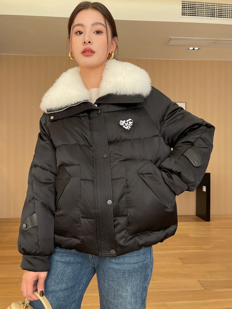 

High-end Simple Mulberry Silk Down Coats Women Winter 2024 New Trend Luxury Lambswool Collar Warm Fluffy White Goose Down Jacket